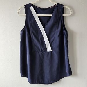 Tommy Hilfiger Small Sleeveless Top Navy White Stripe V-Neck Blouse Prep